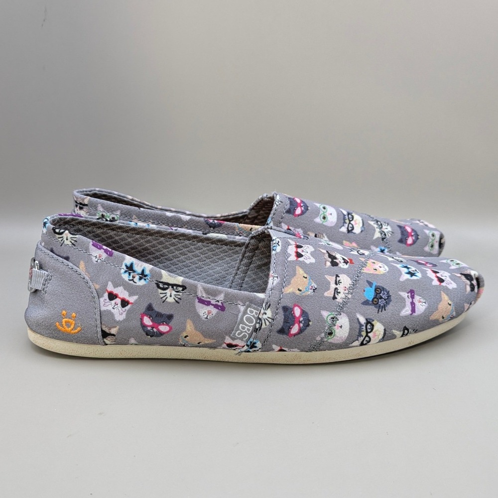 Skechers BOBS for Cats‎ Gray Multi Glasses Cat Print Slip On Flats Womens 8.5 - Picture 3 of 8